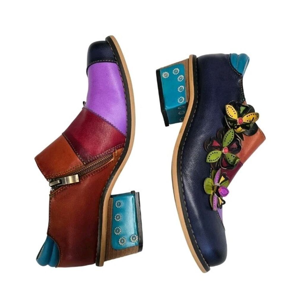 Socofy Women's Size 38 Floral Patchwork Leather Mary Jane Block Heel Shoes Zip - Picture 3 of 12